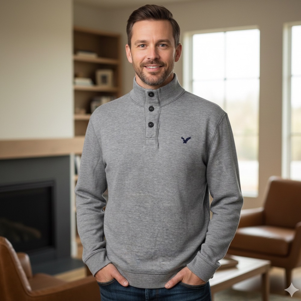 American Eagle Mockneck Sweater Thermal Ribbed Cotton Shirt Gray White Knit XL